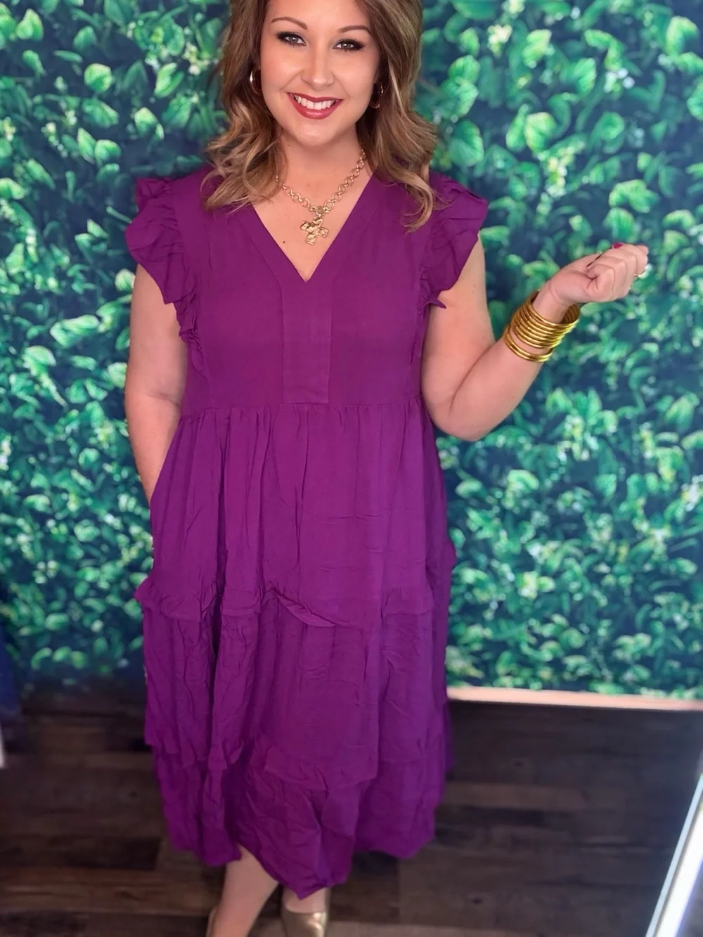 entro Purple V-Neck Ruffle Tiered Midi Dress 1XL 16/18